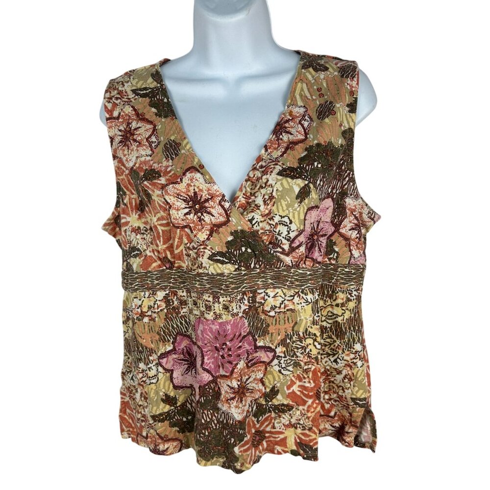 Sonoma Life+Style Womens Floral Print Sleeveless Top L 100% Cotton Multicolor